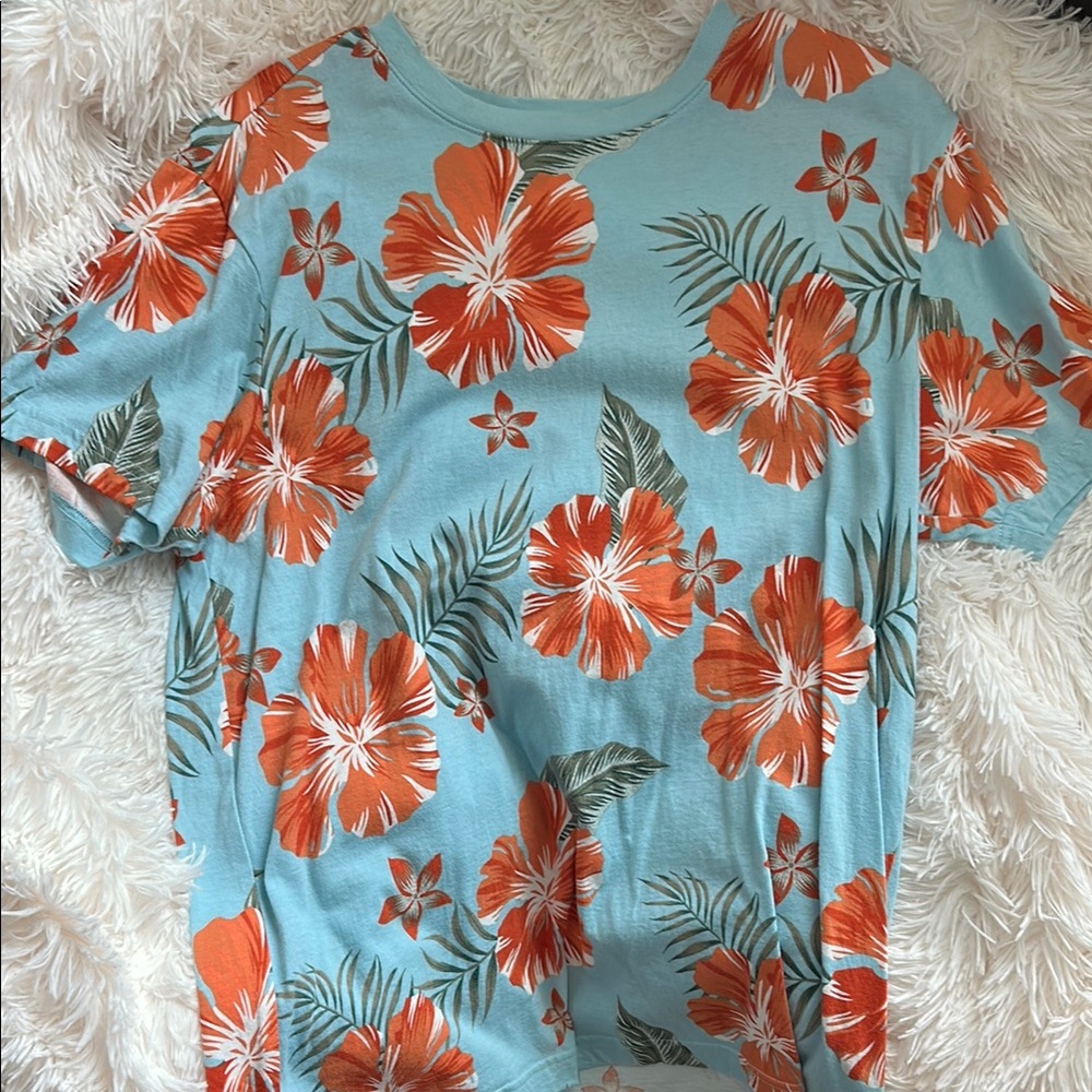 Floral Print T-Shirt in Blue and Orange